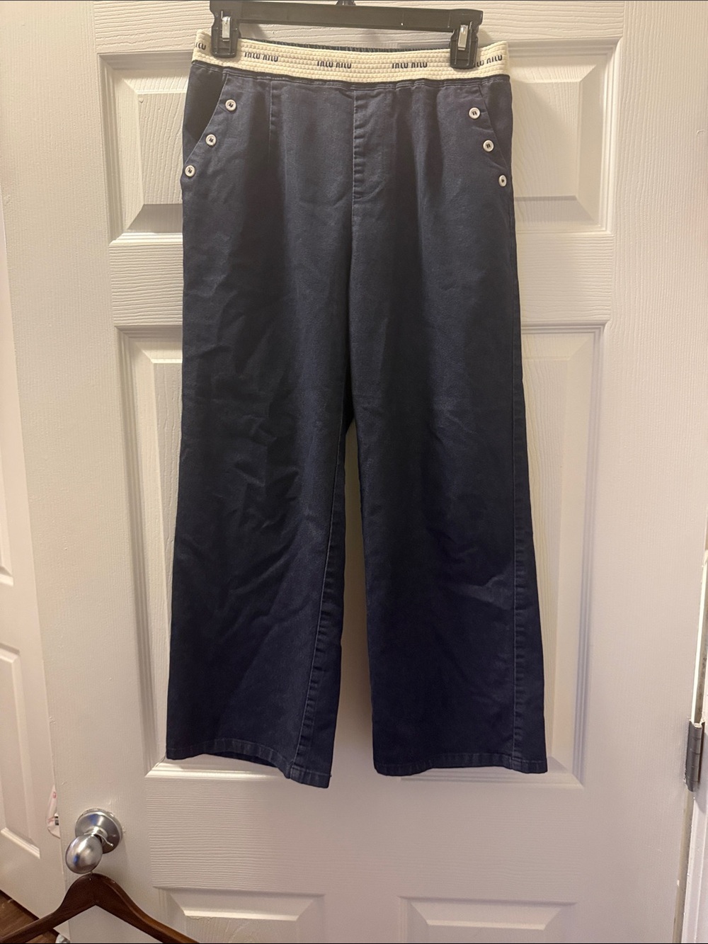 Miu Miu Navy Wide-Leg Cropped Pants with Contrast Elastic Waist
